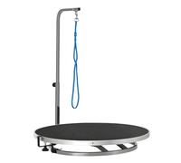 PawHut Mesa de Peluquería para Mascotas Mesa de Aseo con Base Giratoria Brazo Ajustable de 46-72 cm de Acero Inoxidable con Correa Ø65x10 cm Negro