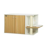 PawHut Mueble Arenero para Gatos 3 en 1 Nido Mesa Auxiliar Caja de Arena para Gatos con Puertas Cojín Poste para Rascar y Centro de Juegos para Salón Dormitorio 94x48x50,5 cm Roble y Blanco