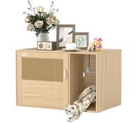 PawHut Mueble Arenero para Gatos, Caja de Arena para Gatos con Almohadilla para Rascar y Puerta de Ratán, Mesa Auxiliar para Salón, Dormitorio, 80x50x50 cm, Roble