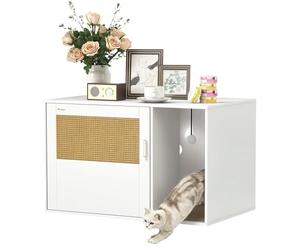 PawHut Mueble Arenero para Gatos, Caja de Arena para Gatos con Almohadilla para Rascar y Puerta de Ratán, Mesa Auxiliar para Salón, Dormitorio, 80x50x50 cm, Blanco