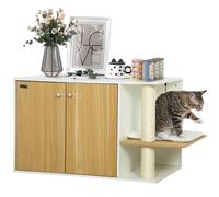 PawHut Mueble Arenero para Gatos 3 en 1 Nido Mesa Auxiliar Caja de Arena para Gatos con Puertas Cojín Poste para Rascar y Centro de Juegos para Salón Dormitorio 94x48x50,5 cm Roble y Blanco