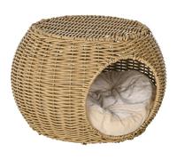 PawHut Niche cama casa para gato 2 niveles en resina trenzada aspecto mimbre con 1 cojín suave Ø 40 x 30 cm marrón claro