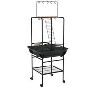 PawHut Parque de Juegos sobre Ruedas para Pájaros 3 Perchas de Madera 1 Escalera 2 Comederos de Acero Inoxidable 155 cm Gris Oscuro Aosom España