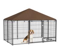 PawHut Perrera con Toldo Parque para Perros Metálica de Exterior con Soporte Giratorio para Comida 2 Cuencos para Patio Jardín Terraza 211x141x151 cm Negro