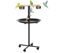 PawHut Percha Loros Soporte Juego Aves Metálico Bandeja Redonda Negro | Mesa Metálica para Aves Estación de Alimentación, Tazones de Acero Inoxidable, Cuatro Ruedas