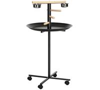 PawHut - Percha para pájaros con 4 ruedas, barras de madera, 2 comederos de acero inoxidable, bandeja redonda con bordes altos, 60 x 111 cm, color gris