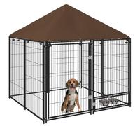 PawHut Perrera con Toldo Valla para Perros 2 Cuencos 141x141x151 cm Negro | Metálica Exterior, Soporte Giratorio para Comida, para Patio Jardín Terraza