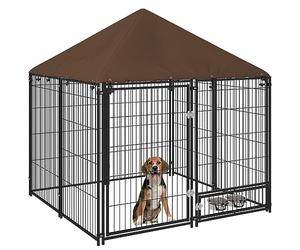 PawHut Perrera con Toldo Valla para Perros Metálica Exterior 2 Cuencos con Soporte Giratorio para Comida para Patio Jardín Terraza 141x141x151 cm Negro
