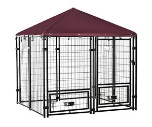 PawHut Perrera de 8 Paneles Parque para Perros Metálica de Exterior con 2 Soportes Giratorios para Comida 2 Cuencos y Toldo de Impermeable y Anti-UV 141x141x153 cm Negro y Rojo