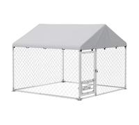PawHut Perrera de Exterior con Techo 2x2x1,55 m Jaula para Perros de Acero Galvanizado con Techo Impermeable Soporte para Comida Giratorio y Ajustable 2 Cuencos para Perros Medianos y Pequeños