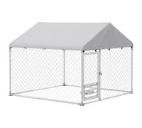 PawHut Perrera de Exterior con Techo Impermeable 2x2x1,55 m Jaula para Perros de Acero Galvanizado Soporte Ajustable y Giratorio para Comida 2 Cuencos para Perros Medianos y Pequeños