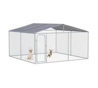 PawHut Perrera de Exterior con Toldo Anti-UV Impermeable Parque para Perros con Puerta con Pestillo y Marco de Metal Galvanizado para Patio Jardín Terraza 4x4x2,3 m Plata