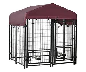 PawHut Perrera de Exterior con Toldo de Tela Oxford Parque para Perros 8 Vallas de Acero con 2 Comederos Giratorios Puerta y Cerradura Jaula para Perros de Jardín 120x120x138 cm Negro