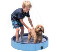 PawHut Piscina para Perros Plegable con Aspersor Ø80x20 cm Azul Claro | Bañera Portátil, para Mascotas Pequeños, PVC Antideslizante, Resistente al Desgaste, para Interiores y Exteriores