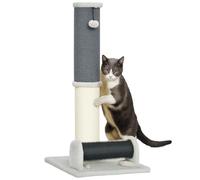 PawHut Poste Rascador para Gatos 85 cm Arañador para Gatos con Poste de Sisal Cepillo de Auto Acicalado y Bola de Juguete Gris y Crema