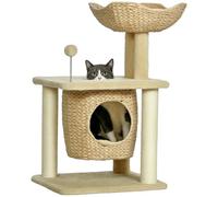 PawHut Poste rascador para Gatos pequeño, árbol para Gatos de 74 cm con Cueva para Gatos, Pelota de Juego, Torre de Escalada de Interior con Cama, Mueble rascador para Gatos de hasta 5 kg, Beige