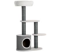 PawHut Rascador con 1 Cueva para Gatos, 1 Cama para Gatos, 2 Plataformas, Poste Rascador de Yute, Blanco + Gris