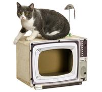 PawHut Rascador de Cartón para Gatos Tablero para Rascar en Forma de Televisor con Ratón de Juguete Centro de Actividades para Mascotas 43x23x23,5 cm