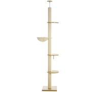 PawHut Rascador de Techo Alto, Seguro antivuelco, Poste de cuerda de sisal, Tablero de madera, Roble+Blanco crema