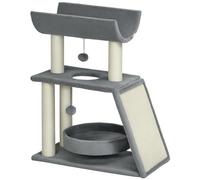 PawHut Rascador para Gatos Árbol para Gatos Altura 76 cm con 4 Postes Rascadores Nido Plataforma en U Almohadilla para Rascar Bolas Colgantes Gris Claro