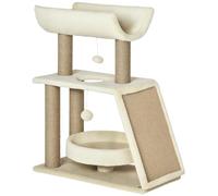 PawHut Rascador para Gatos Árbol para Gatos Altura 76 cm con 4 Postes Rascadores Nido Plataforma en U Almohadilla para Rascar Bolas Colgantes Marrón Claro