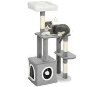 PawHut Rascador para gatos de 107 cm con cueva, 2 bolas de peluche, troncos de sisal, plataforma grande, árbol rascador de varios pisos, árbol trepador para gatos de menos de 5 kg, color gris