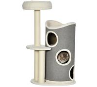 PawHut Rascador para gatos de 109 cm con tonel rascador, cama para gatos, troncos de sisal, varios pisos, árbol trepador, para gatos de menos de 5 kg, color blanco y gris