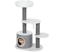 PawHut Rascador para gatos de 98 cm con cueva, troncos rascadores, 3 plataformas, árbol rascador de varios pisos, árbol trepador para gatos de menos de 4 kg, color gris y blanco