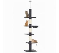PawHut rascador para Gatos de Suelo a Techo Ajustable 225-255 cm, 5 Niveles | Hamaca cómoda, 3 postes rascadores de sisal, pelota de juguete y cuerda antivuelco de seguridad