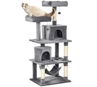 PawHut rascador para gatos Grande 145 cm, árbol con hamaca y trepador, mueble rascador con poste de sisal, Gris Claro