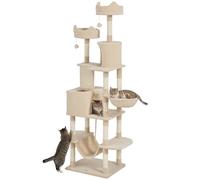 PawHut Rascador para Gatos Grande Altura 206 cm Árbol para Gatos Torre de Escalera con Plataformas Cuevas Bolas Colgantes y Hamacas Beige