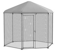 PawHut Recinto gallinero perrera aviaria hexagonal exterior 5 m² - Parque de malla 280 x 245 x 246 cm - Espacio cubierto - Acero galvanizado - 5-8 gallinas, plateado
