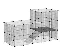 PawHut Recinto para animales pequeños, jaula modular para conejos 2 niveles, 39 paneles con rampa, recinto de interior para cobayas, conejos, erizos, acero, negro