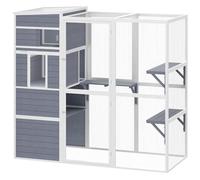 PawHut Recinto para gatos exterior casa de madera con 3 plataformas techo resistente a la intemperie área de descanso para 3-4 gatos hasta 10 kg Gris