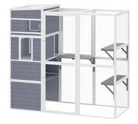 PawHut Recinto para Gatos Exterior Madera 3 Plataformas Gris | Casa gatos, techo impermeable, zona descanso, ventana, malla, jaula gatos, hasta 10 kg, interior/exterior