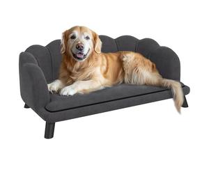 PawHut Sofá para Perros Medianos Sofá Cama para Mascotas Gatos Tapizado en Terciopelo con Patas de Madera Carga 25 kg 98,5x60,5x35,5 cm Gris Oscuro