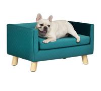 PawHut Sofá para Perros Pequeños Cama Elevada 64x45x36 cm Azul Verdoso | Tapizada en Terciopelo, Cojín Lavable, Patas de Madera de Abedul, hasta 8 kg