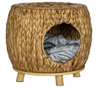 PawHut Taburete de mimbre para la casa del gato, cama de ratán para uso en interiores y exteriores, cama elevada para mascotas con cojín suave lavable 44 x 43 x 41 cm