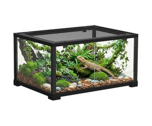 PawHut Terrario para Reptiles con Puerta corredera Negro 60 x 45 x 32 cm | Terrario de vidrio, caja de alimentación para reptiles, cerradura antiescape, para arañas saltadoras, lagartos, caracoles