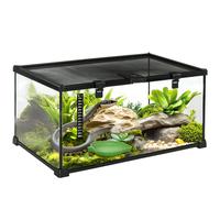 PawHut Terrario para Reptiles de Vidrio Templado 50x30x25 cm Negro | con Termómetro, Cuenco de Agua, Vista Completa, Ventilación, Terrario para Lagartos Ranas Cornudas Serpientes Arañas