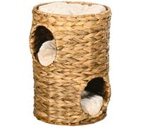 PawHut Torre Rascadora, 47 cm, 2 Cuevas, Cojín, Rascador con Cama para Gatos, Torre para Gatos de Agua Hiácinta, Marrón Claro