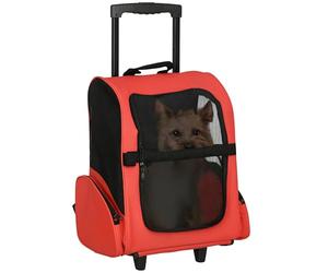 PawHut Transportín 2 en 1 para Mascotas Mochila o Carrito de Viaje para Perro y Gato con 2 Ruedas con Asa retráctil de Aluminio y Bolsillos 42x25x55 cm Rojo