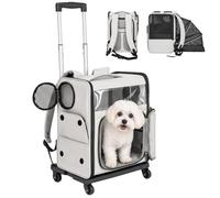 PawHut Transportín con Ruedas 2 en 1 para Mascotas hasta 5 kg, Mochila Plegable para Perros y Trolley para Gatos, con Soporte Lumbar Transpirable y Ventanas de Malla, Gris