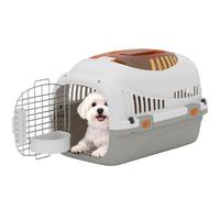 PawHut Transportín para Gatos y Perros Pequeños 49x32x31 cm Gris Claro | Hasta 4 kg, Caja de Transporte Rígida con Claraboya, Puerta de Acero, Cuenco Extraíble, Cerradura Triple, Base Elevada