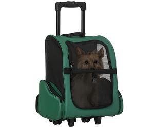 PawHut Transportín Perro 2 en 1 para Mascotas Mochila Carrito de Viaje 2 Ruedas Asa retráctil Aluminio Bolsillos 42x25x55 cm Verde Aosom España