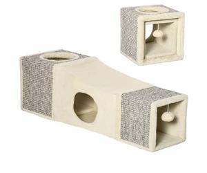 PawHut Túnel para Gatos de Interior Tubo de Juguete para Gatos Plegable con Múltiples Entradas Casetas de Sisal y Bola Colgante 98x30x30 cm Crema