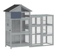 PawHut Voladera de madera con 6 posaderos compartimento cajón extraíble cuencos de acero inoxidable 196x60x164,5cm Gris