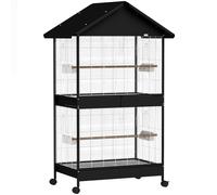 PawHut Voladera grande jaula para pájaros con separador extraíble 2 puertas 4 perchas de madera ruedas 2 bandejas 6 comederos XXL