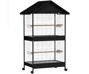PawHut Voladera grande jaula para pájaros con separador extraíble 2 puertas 4 perchas de madera ruedas 2 bandejas 6 comederos XXL