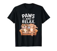 Paws And Relax Dibujos Animados Gato Perro Café Sofá Escena Divertido Juego de palabras Camiseta